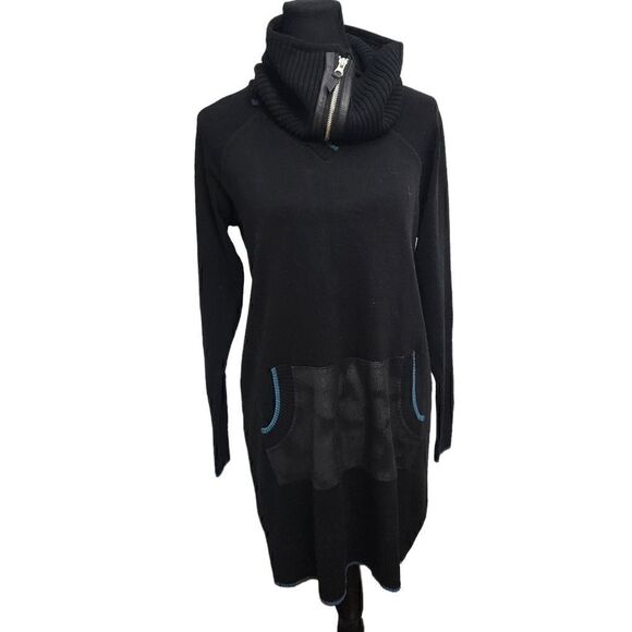 Dino Gaspari Black Ribbed Knit Dress with Collar Medium Faux Leather Pocket - Picture 1 of 15